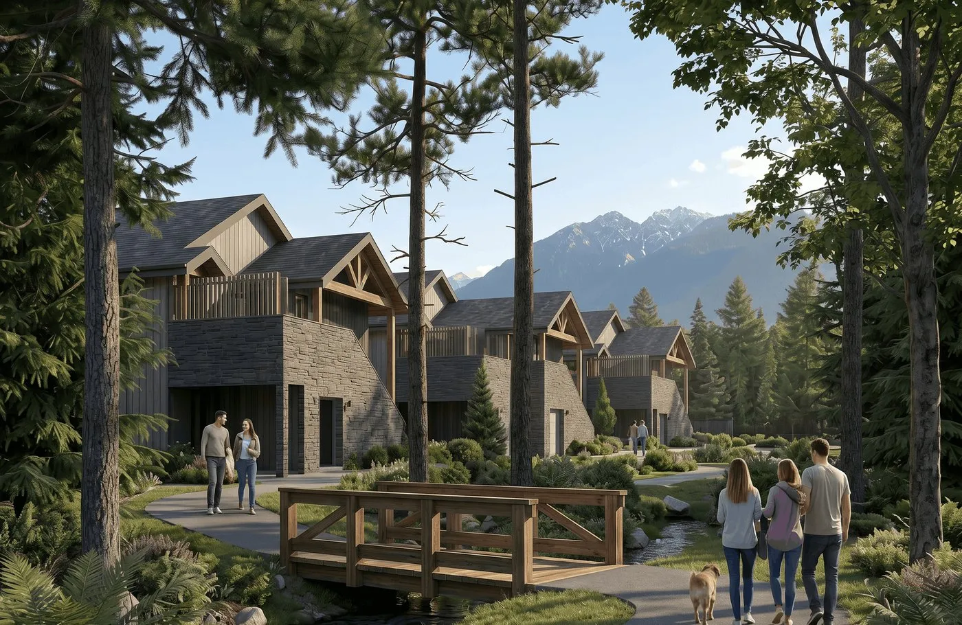 Families walking a path through a wooded neighbourhood of new multiplex homes with mountains behind